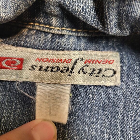 City Jean Jacket Womens L Blue Denim Trucker Distressed Y2K Grunge - Picture 3 of 8